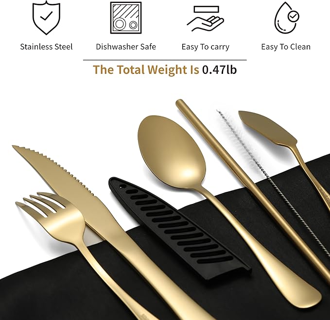 Travel Utensils with Case, Portable Silverware Set Stainless Steel Lunch Box Travel Cutlery Set for Work, Camping, Picnic, Hiking, Office (Gold)