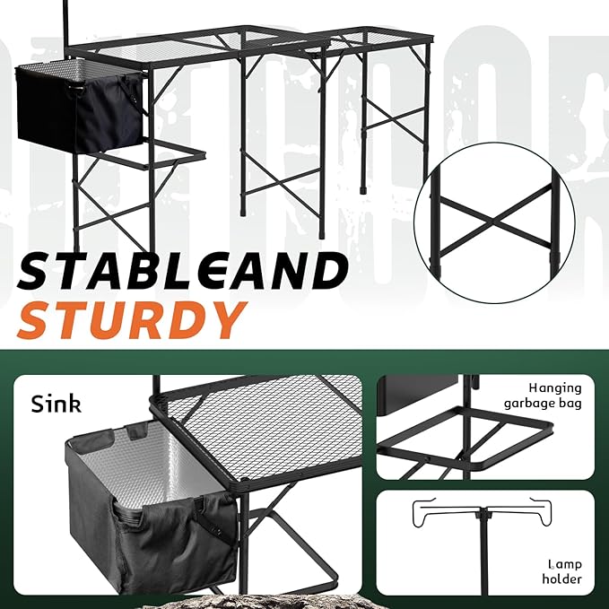 WildFinder Folding Table with Sink and Double Shelf, Camping Table Height Adjustable Folding Grill Table, Portable Outdoor Table for Picnic,Camping,BBQ,Beach,69 x20 x32 Inches(Black)