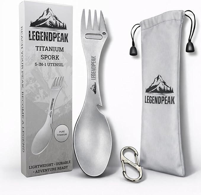 Titanium Spork 5-in-1 Camping Utensil – Ultralight Backpacking Silverware with Knife, Bottle Opener & Peeler, Includes Travel Pouch & Carabiner