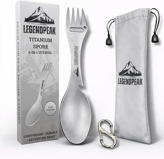 Titanium Spork 5-in-1 Camping Utensil – Ultralight Backpacking Silverware with Knife, Bottle Opener & Peeler, Includes Travel Pouch & Carabiner