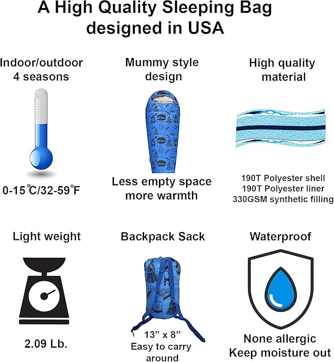 KidzAdventure Mummy Style 32 – 59F Kids Sleeping Bag with Pillow Sleeve, 4 Season, Lightweight and Backpacking Style, Ideal for Camping, Sleepover, Boys, Girls, and Youth