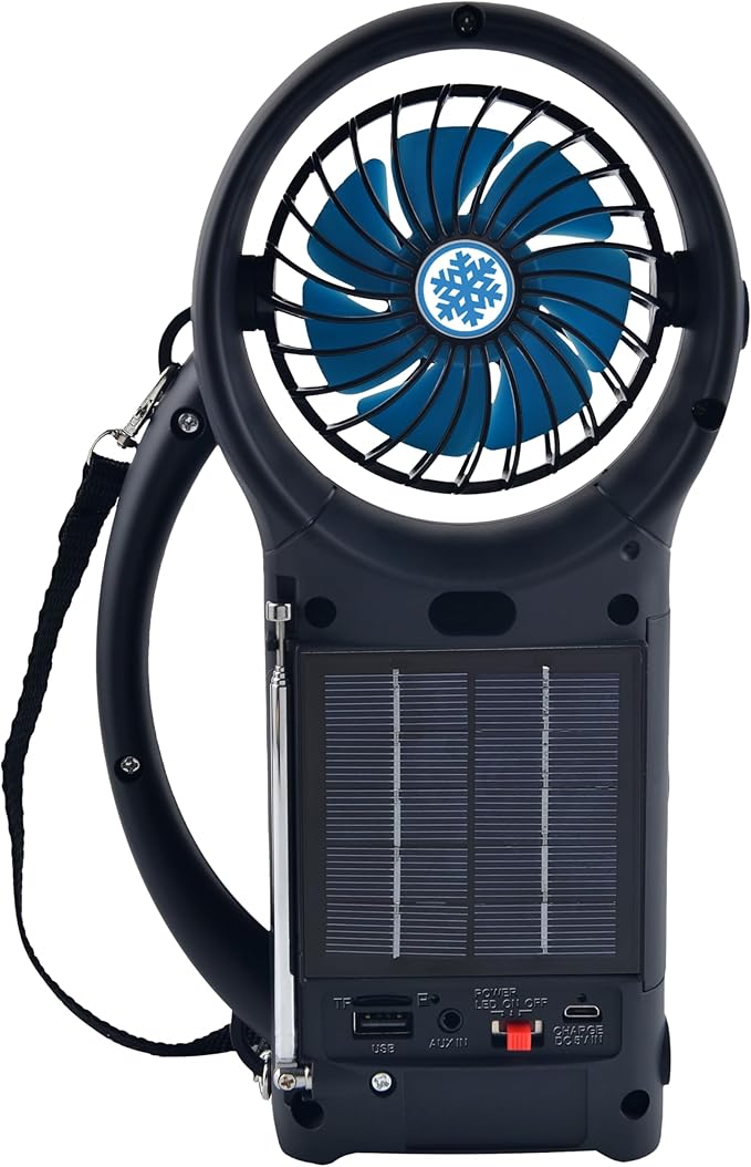 Supersonic SC-1073ERF Solar Power Bluetooth Speaker with FM Radio, LED Torch Light and Fan USB/SD Input, FM Radio, 3 Wind Speed, for Picnic, Barbecue, Camping, Hurricane Emergency