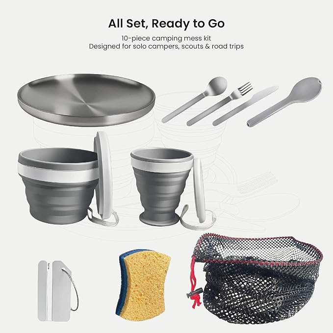 Camping Mess Kit – Compact 1-Person Tableware Set with Stainless Plate, Collapsible Silicone Bowl & Cup, and Utensils, Ideal for Solo Campers, Scouts, Family Camping & Car Trips