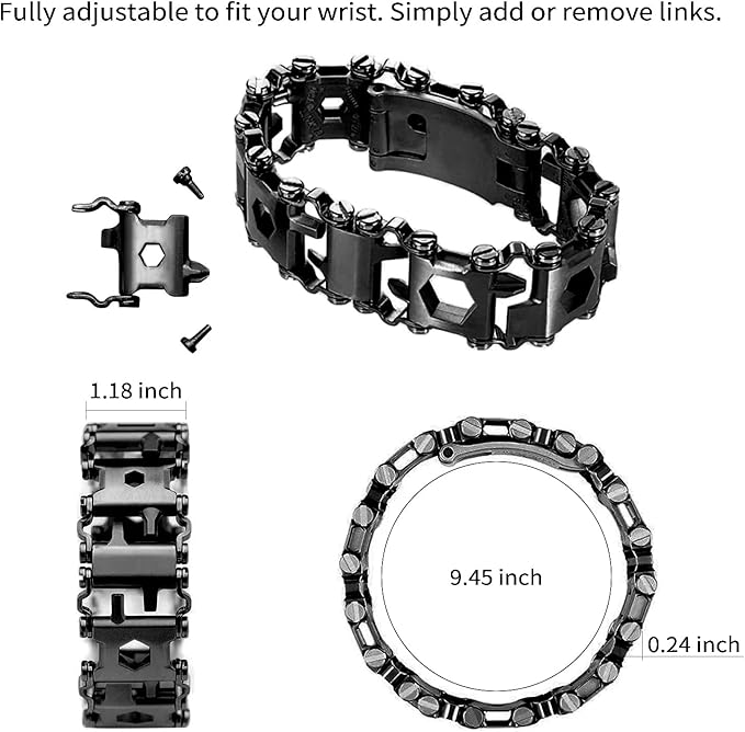 Multitool Bracelet 29 in 1 Tools Bracelet for Men and Women, Stainless Steel Multi-Functional Tool, Utility Wrist Survival Band for Sailing Travel Camping Hiking-Black