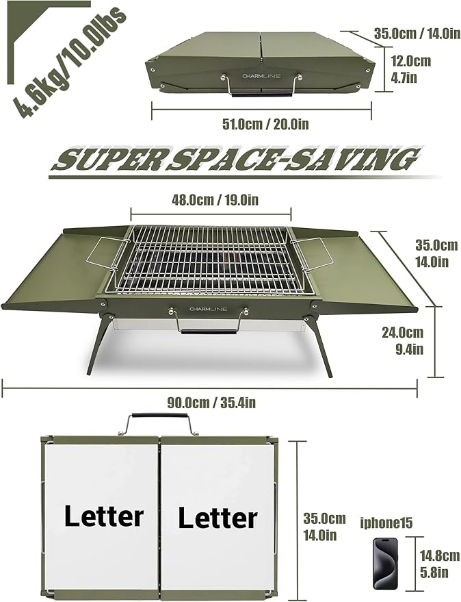 Charmline 20 x 14 inches Large Foldable Portable Charcoal BBQ Grill, Camping BBQ Grill for 3–5 People, Ideal for Camping, Garden, Beach, Picnic & Tabletop Use, Green