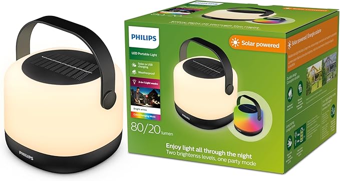 PHILIPS LED Solar Portable Light, 3-in-1 Light Setting 1-Pack Bright White (3000K), Color Changing Solar Light with 80/20 Lumen, Waterproof and Rechargeable