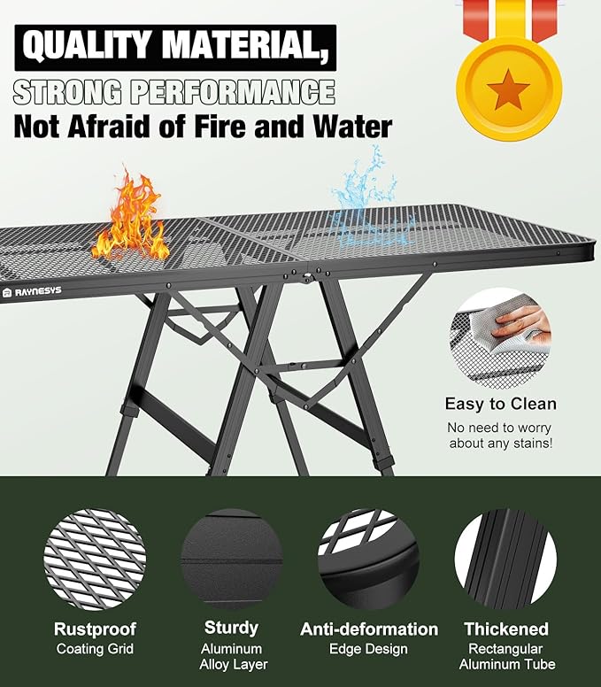 Raynesys Foldable Grill Table with Mesh Desktop, 200lbs 4Ft Portable Folding Table, Height Adjustable Metal Table for Ourdoor, Camping, Picnic, BBQ and Beach, RV, 47.24" L x 23.62" W