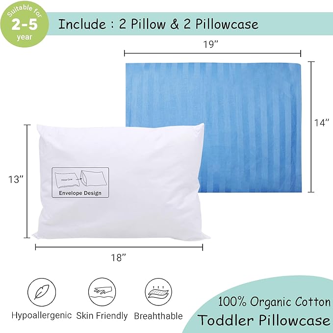 ZPECC Toddler Pillow with Pillowcase 2 Pack - 13x18 Organic Cotton Hypoallergenic Kids Pillow, Baby Essentials for Travel Crib Daycare Stroller (Intended for Age 2 and up) Blue Stripe