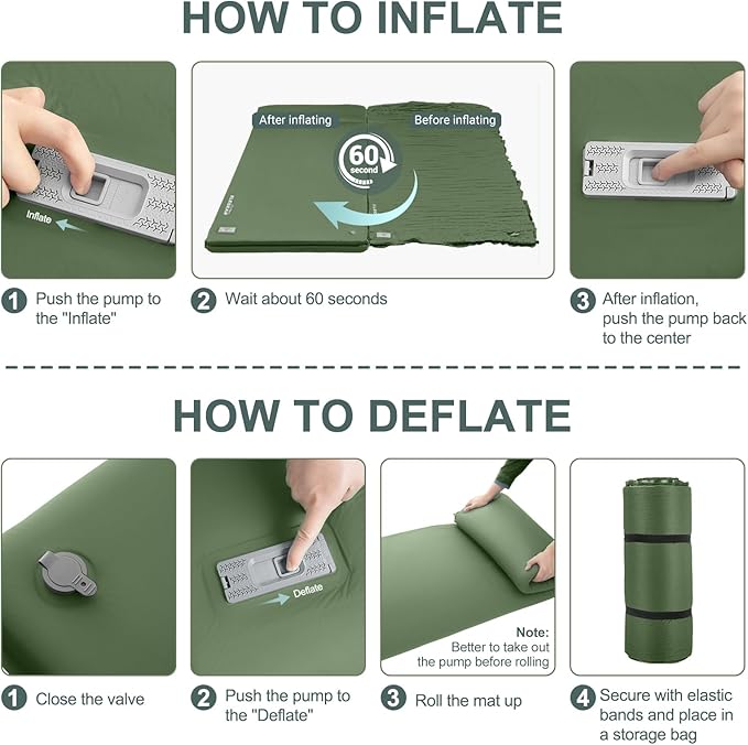 Elegear CumbreX™ Self Inflating Sleeping Pad, Built-in Electric Pump 3.15" Ultra-Thick Memory Foam Camping Mattress with Pillow Sleeping Pad for Camping R-Value 9.5 Foam Camping Pad Army Green Single