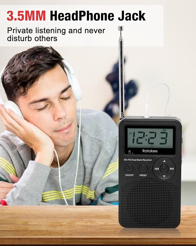 AM/FM Radio, Battery Operated Portable Radio with Clock, Preset, Sleep Timer and Battery Backup for Yard Work, Walking, Camping, Jogging, Fishing, Handheld Size, 3 AA Battery Powered (Black)