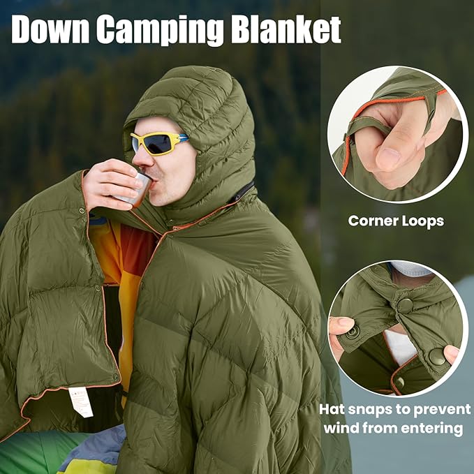 HunnmingRe Upgraded Hooded Down Camping Blanket Waterproof 650 Fill Puffy Poncho Blanket 77" x 50" Packable Wearable Sleeping Bag with Detachable Hat Outdoor Stadium Camping, 1.36 lb(Olive Green)