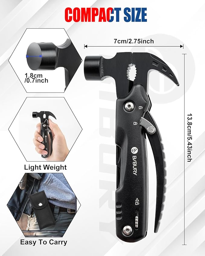BIBURY Valentines Day Gifts for Him, 12 in 1 Multitool Hammer with Snowflake Tool, Christmas Stocking Stuffers for Men, Survival Gear Outdoor Multi Tool with Safety Lock for Men Dad Grandpa Husband