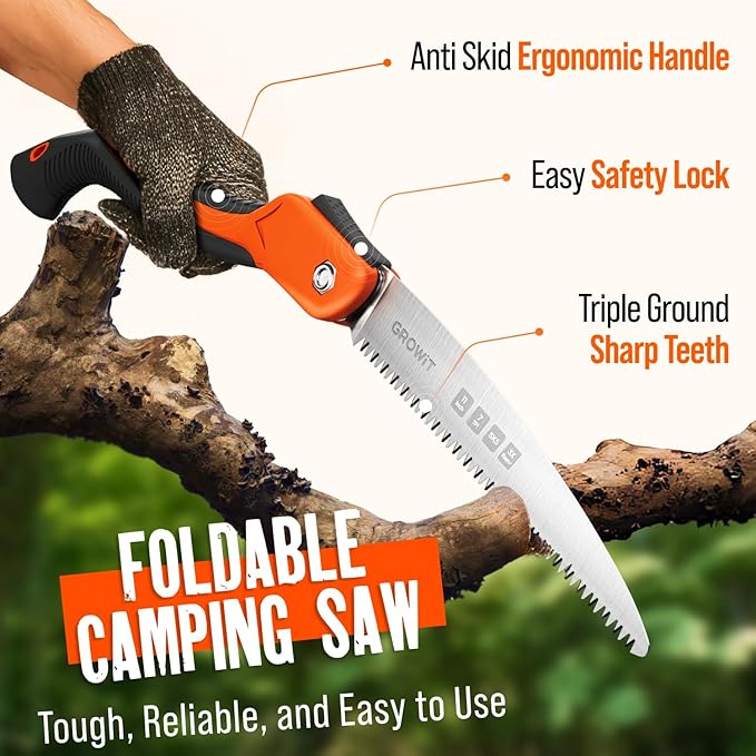 GROWIT Folding Camping saw 11 Inch - Heavy Duty Pruning Saw with Triple-Cut SK5 Blade, 7 TPI Razor Teeth for Tree Trimming, Wood Cutting, Camping, Bushcraft, and Gardening (Pack of 2)