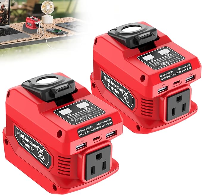 2 Packs 220W Power Inverter Compatible with Milwaukee 18V Battery (Battery Not Included), DC 18V to AC 110V Portable Power Station with 400LM LED Light, 1 AC Outlet, 2 USB & 1 Type‑C