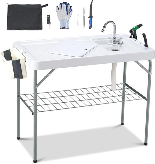 Dragosum Outdoor Sink Fish Cleaning Table Portable Camping Table with Faucet Hose Hook Up Grid Rack, Fish Fillet Camping Sink Table with 7pc Fish Cleaning Kit for Picnic Beach Patio(Grey)