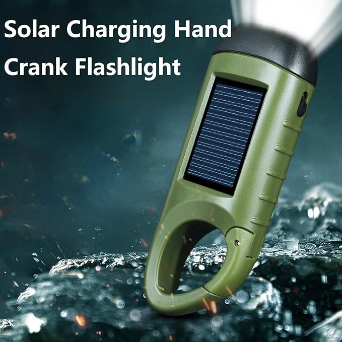 Hand Crank Solar Flashlight with USB Charing, Emergency USB Rechargeable LED Flashlight,Portable Handheld LED Survival Flashlight for Camping, Outdoor, Hiking Green
