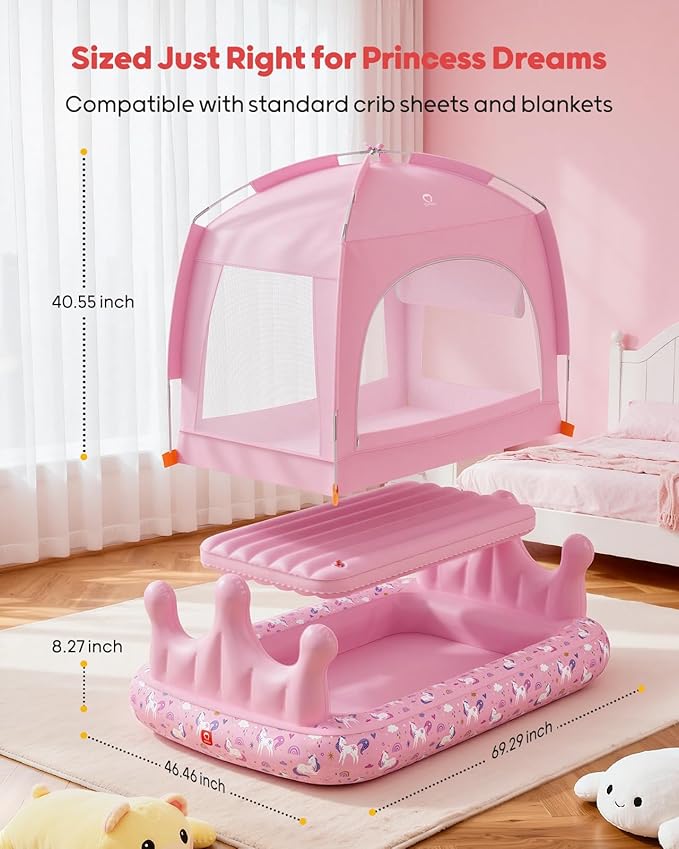 QPAU Princess Inflatable Toddler Bed with Tent, Blow Up Toddler Travel Bed with Sides, Portable Kids Air Mattress for Girls, Ideal for Home, Grandma’s, Camping & Sleepovers – Includes Electric Pump