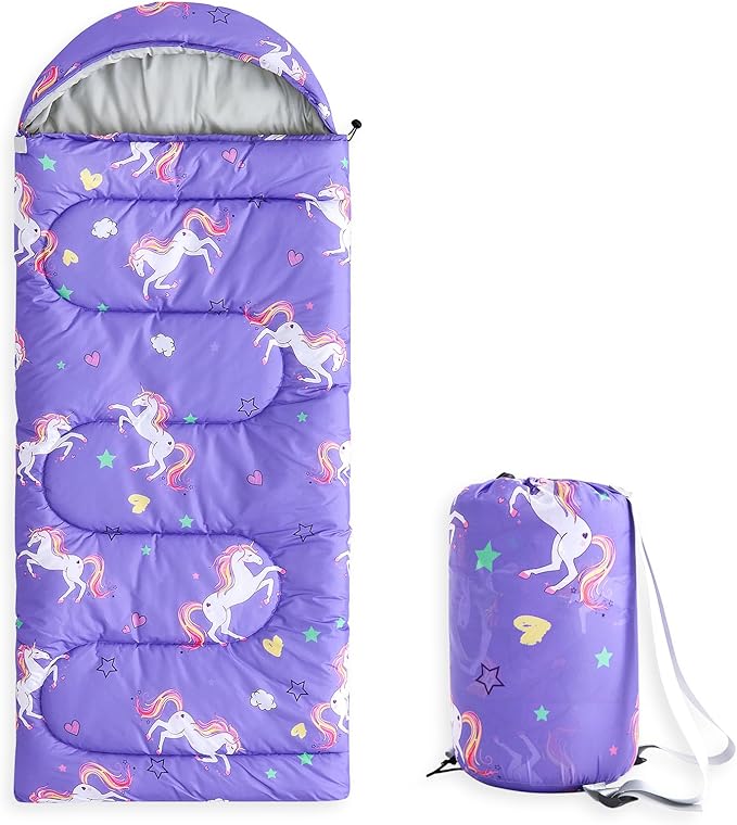 Wake In Cloud - Kids Sleeping Bag for Girls Toddlers, Camping in Warm Cold Weather, Backpacking Lightweight Compact Outdoor Liner for 3 Seasons, Unicorns Stars Hearts