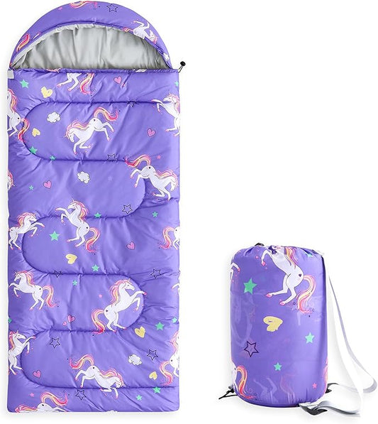 Wake In Cloud - Kids Sleeping Bag for Girls Toddlers, Camping in Warm Cold Weather, Backpacking Lightweight Compact Outdoor Liner for 3 Seasons, Unicorns Stars Hearts