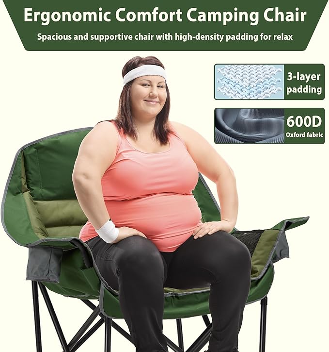 Youtanic Oversized Camping Chair, Portable Folding Camping Chairs with Side Pocket, Cup Holder and Carry Bag, Heavy Duty Outdoor Camping Chairs for Adults, Fishing, Sports, Trip, up to 400lbs, Style 2
