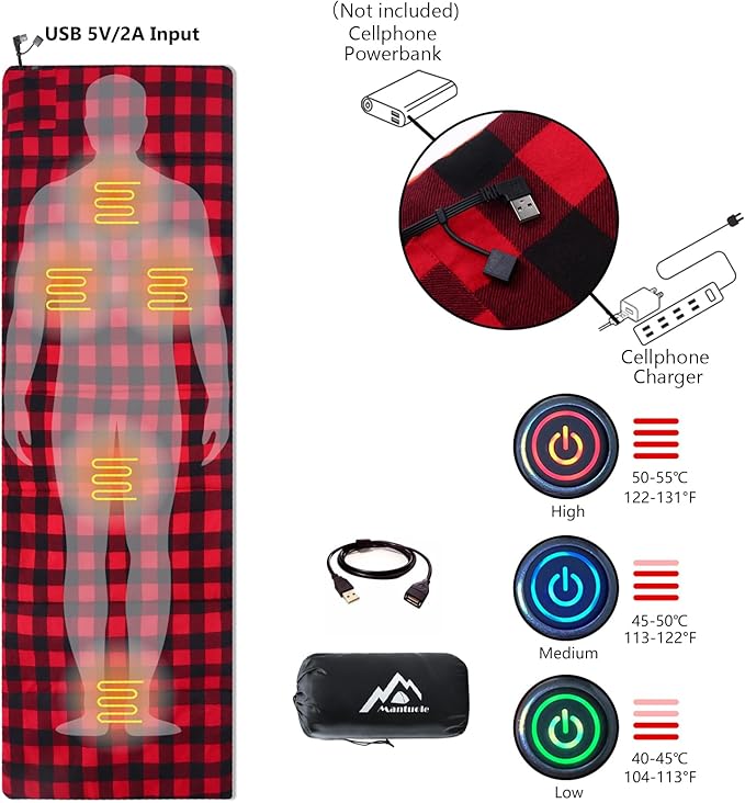 Heated Sleeping Bag pad, Operated by 5V/2A USB Power Supply (Battery NOT Included). Black & Red Flannel.