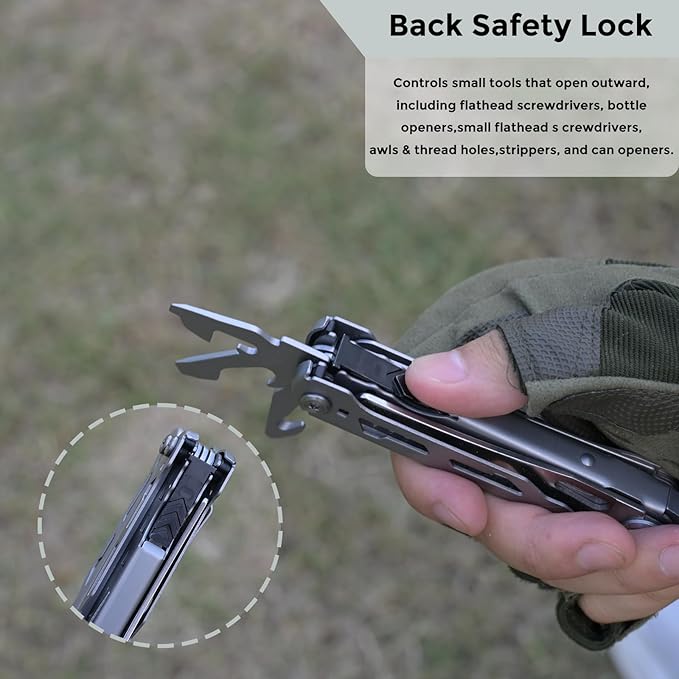 Multitool with Pocket Knife, 25-in-1 Stainless Steel Pliers and Screwdriver, Self-locking Multi-tool EDC Gear with Sheath and Replaceable Cutter Blades, Suitable for Camping and Hiking