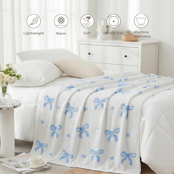 WRENSONGE Throw Blanket Bubble Bowknot Blue Soft Cozy Fluffy Warm Throw for Couch Sofa Bed Camping Picnic Travel Lightweight - 50"*60"