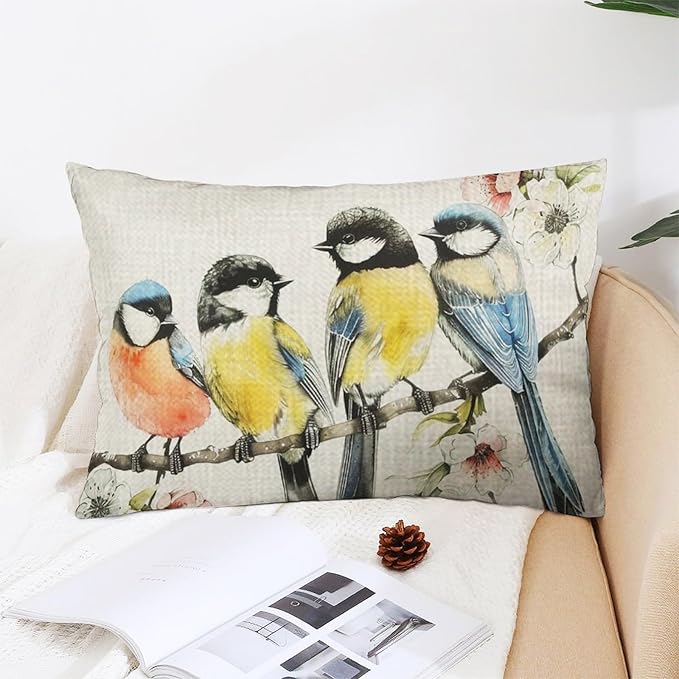 ITFRO Set of 2 Birthday Gift Watercolor Birds Standing On A Branch Cotton Linen Lumbar Nature Wild Animals Throw Pillow Cover Cushion Case Sofa Home Decor 12x20 Inches (Blue and Yellow)