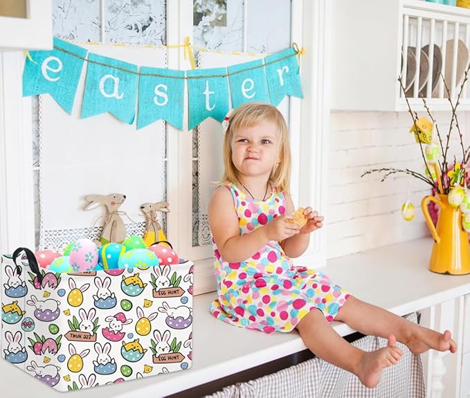 HIYAGON Rectangular Easter Gift Basket Kids Storage Organizer Bins Bedroom(Cartoon Easter Bunny)