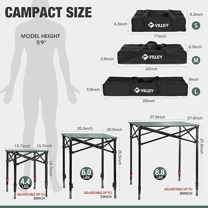 VILLEY Folding Camping Square Table with Carry Bag, Lightweight Aluminum Adjustable Square Table for Outdoor, Camping, Picnic, Backyards, BBQ (S)