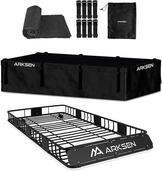 ARKSEN 84" x 39" x 6" Roof Rack Basket with Extension & Waterproof Cargo Bag, 150 lb Heavy-Duty Steel Cargo Carrier, Fits Crossbars up to 1.38" Thick, for SUV & Pickup Truck