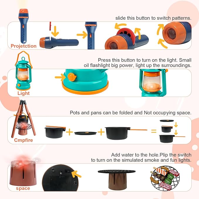 Qtioucp Kids Camping Set 50pcs with Folding Storage Table/Tent & Children’s Projector Flashlight- Outdoor Campfire Toy Set for Toddlers Kids - Pretend Play Camp Gear Tools for Birthday Christmas