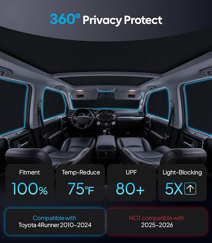 Wigoo 2026 Upgrade 8PCS Full Set Window Sunshade for Toyota 4Runner 2010-2024 [7-Layer Cooler & Blacker, Ice-Crystal Tech] with Windshield for Sun Block, Baby, Camping, Privacy Napping, Relax