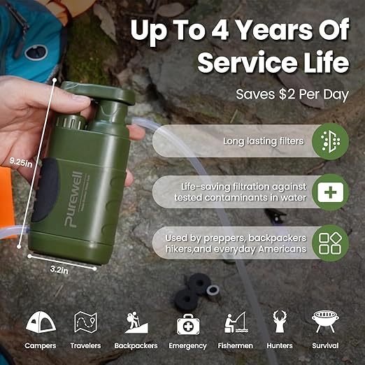 Purewell Water Hand Purifier Pump with Replaceable Carbon 0.01 Micron Water, Stages, Portable Outdoor Emergency and Survival Gear - Camping, Hiking, Backpacking(Green)