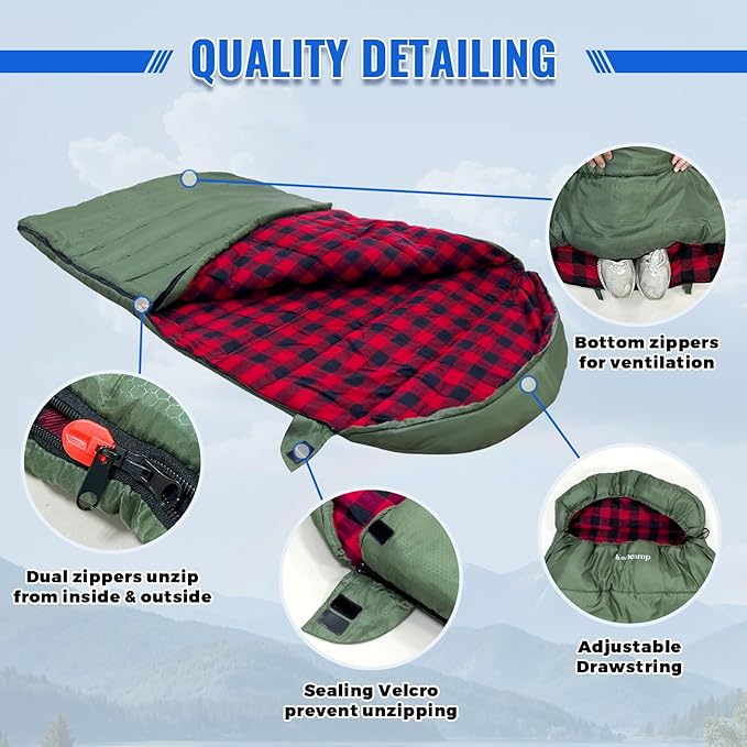 Keencamp 0 Degree Sleeping Bag Cotton Flannel Winter Cold Weather for Adults XXL Sleeping Bag 4 Season Big and Tall with Pillow Compression Sack