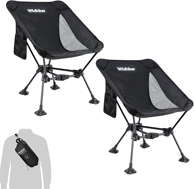 Wildhiker Ultralight Backpacking Chair – Compact Camping Chairs for Adults with Pouch, Weighs 2.8 lbs with Anti-Sinking Large Feet for Beach, Hiking, Motorcycle, Travel, Festival – Black 2pcs