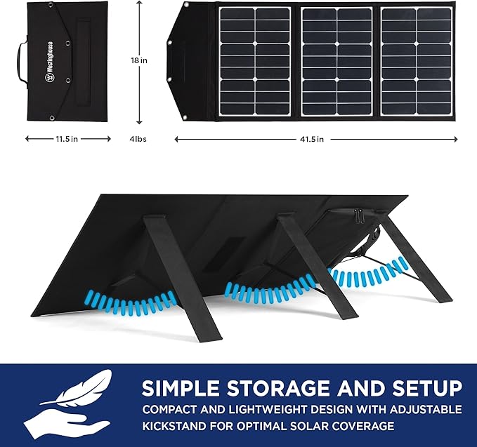 Westinghouse Portable 60W Solar Panel for Portable Power Stations, iPhone, iPad, Tablets, Laptop, with QC 3.0 USB and USB-C ports, DC Output, for Outdoors, Camping, RVs, and Travel,Black