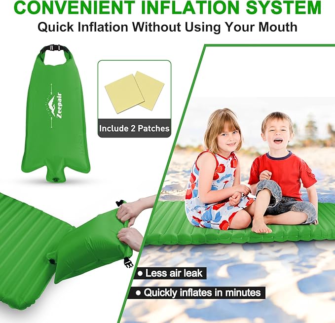 Camping Sleeping Pad, Ultralight Waterproof Inflatable Sleeping Mat with Inflation Bag, Lightweight Portable Compact Air Mattress for Outdoor Backpacking Hiking Traveling Tent Use (Single, Green)