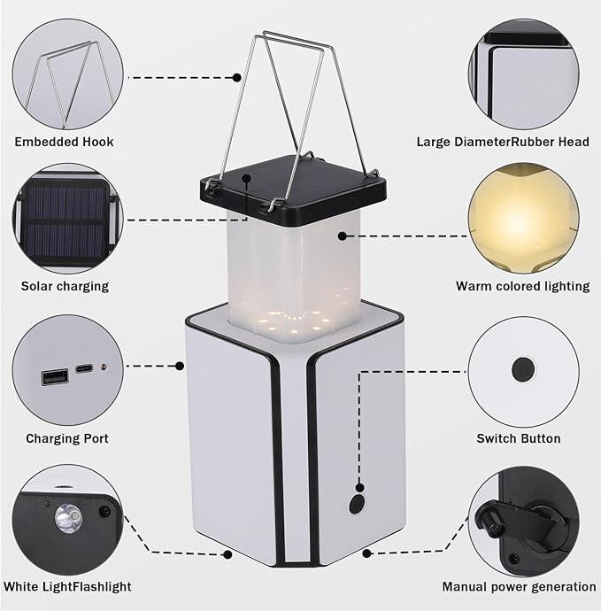 2Pack Solar LED Rechargeable Emergency Camping Lantern,Wram White Solar Rechargeable,Rechargeable Type C,Emergency Lights Hand-Crank Power Generation,Phone Power Supply Function,flashlights