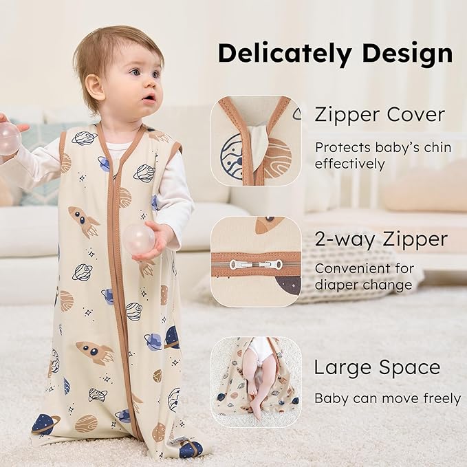 Baby Sleep Sack 0-6 months, 100% Cotton Sleeping Sack for Newborn and Infant, 3 Pack Baby Wearable Blanket for Boy and Girl, 0.5 Tog Lightweight Double Zipper Sleep Bag Coffee Dinosaur Planet