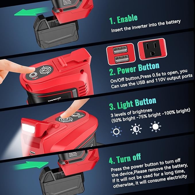 Ecarke 200W Portable Power Inverter Compatible with Milwaukee 18V Battery, DC 18V to AC 110V Power Station with 1 AC Outlet, 2 USB, 1 Type-C & LED Light, for Outdoor Emergency Use (No Battery)