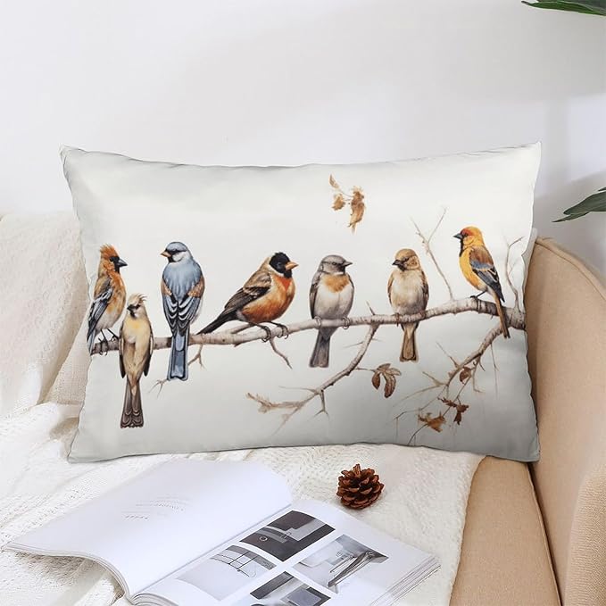 ITFRO Set of 2 Hand-Painted Oil Painting Rustic Forest Wildlife Birds Tree Branches Short Plush Both Sides Lumbar Animal Throw Pillow Cover Cushion Case Sofa Waist Decorative 12x20 Inches (Ivory)