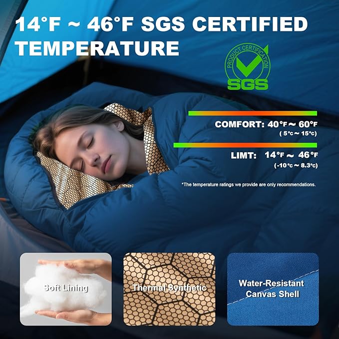 Sleeping Bag for Adults All Season 0 Degree,Cotton Canvas with YKK Zipper Compact Backpacking Mummy Camping Sleeping Bag