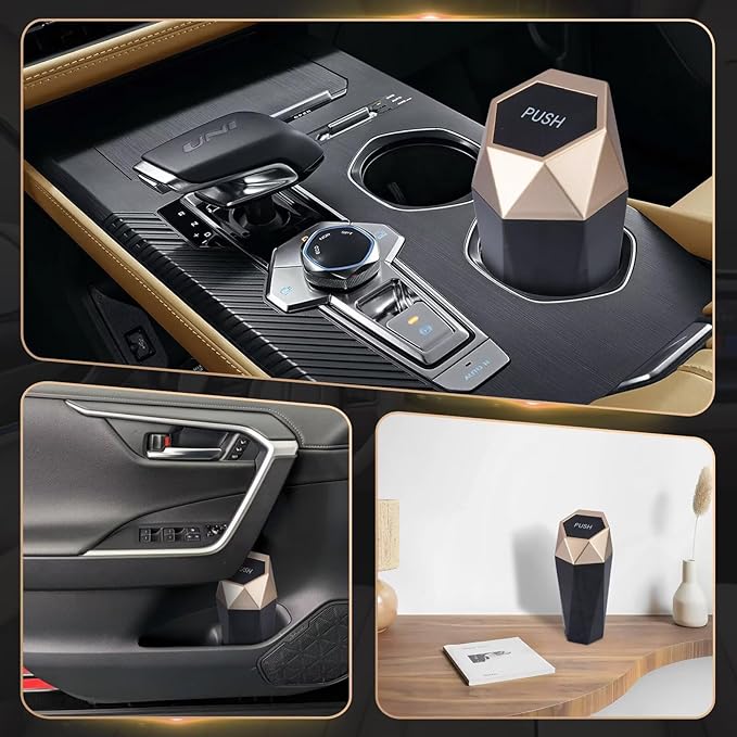 BFXM Car Trash Can, 2 Pack Car Trash Bin with Lid, Car Accessories for Women Interior, Car Garbage Can with Additional 2 ABS Hooks and 60pcs Trash Bags, Suitable for Home, Office, Car Organizer, Gold