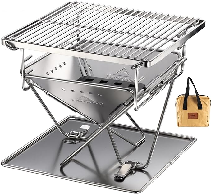 CAMPINGMOON X-MINI PRO Portable Charcoal Grill 9.65 Inch Stainless Steel Tabletop Grill Fire Pit 3 Level Adjustable Height Grill for Camping Outdoor Cooking Barbecue Carry Bag