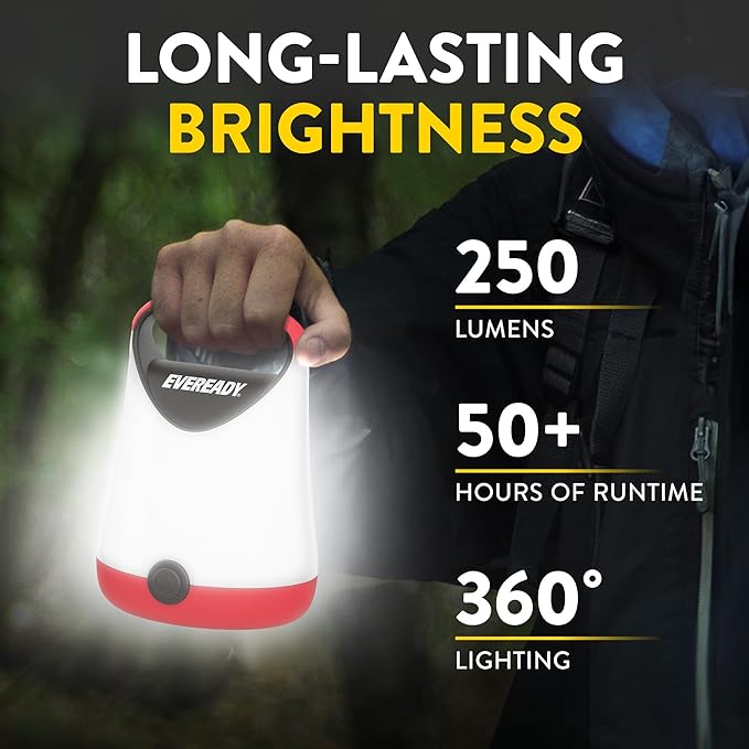 Eveready LED Camping Lantern X-250 (2-Pack), Super Bright Tent Lights, Rugged Water Resistant LED Lanterns, 100 Hour Run-time (Batteries Included), Red and Black