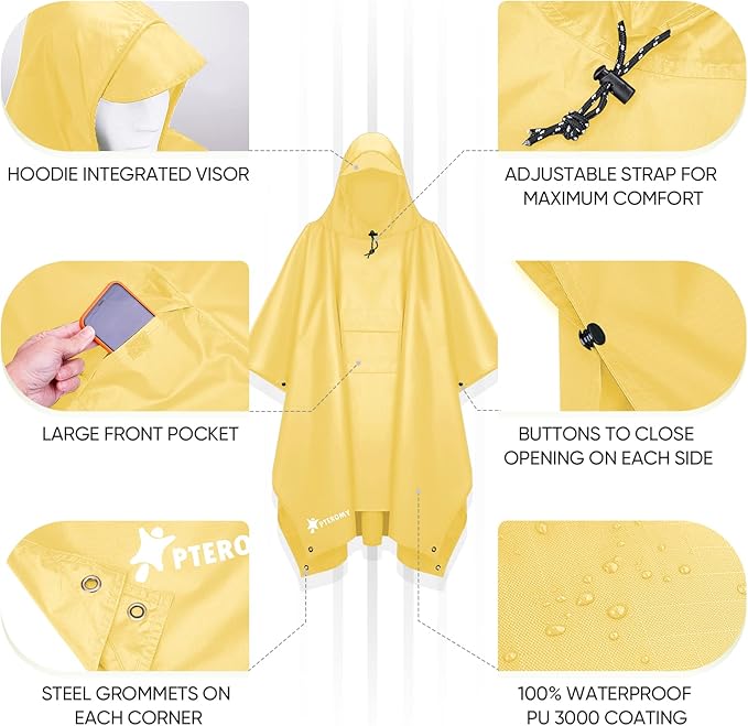PTEROMY 3-in-1 Hooded Rain Poncho for Adult with Pocket, Waterproof Lightweight Unisex Raincoat for Hiking Camping Emergency