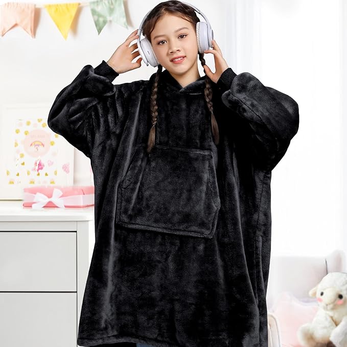 Waitu Wearable Blanket for Kids, Cozy Wearable Blanket Hoodie for Teens Girls Boys, Warm Blanket Sweatshirt Gift for Teenage, Hoodie Blanket with Sleeves and Giant Pocket - Black