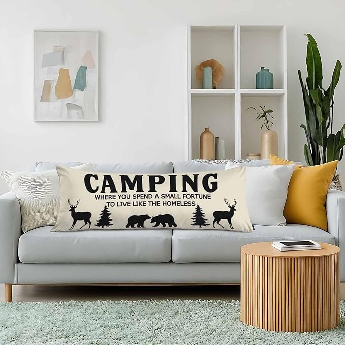 Funny Camping Body Pillow Cover Bear Deer Pine Trees Decorative Body Pillow Covers Long Pillow Cushion Case Zipper Body Pillowcase Soft Cushion Cover for Bedding,Couch,Home 20"X54"