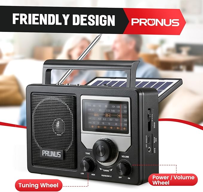 PRUNUS J-81 AM FM Radio Portable Bluetooth, Solar/D Battery Operated/USB-C Rechargeable for Emergency, Transistor Radios with Headphone Jack,Support TF Card/USB Playing, Large Knob Easy to Use